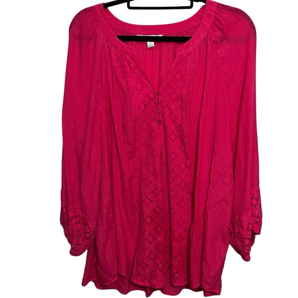 Counterparts size 1X pink boho long sleeve blouse eyelet / lace detail